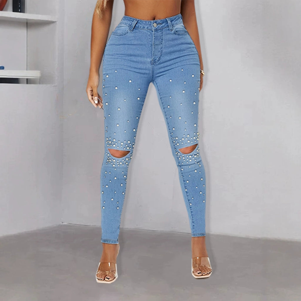 Women Tight High-Waist Skinny Jeans with Pearl Trim and Knee Cutouts Fashion Glam