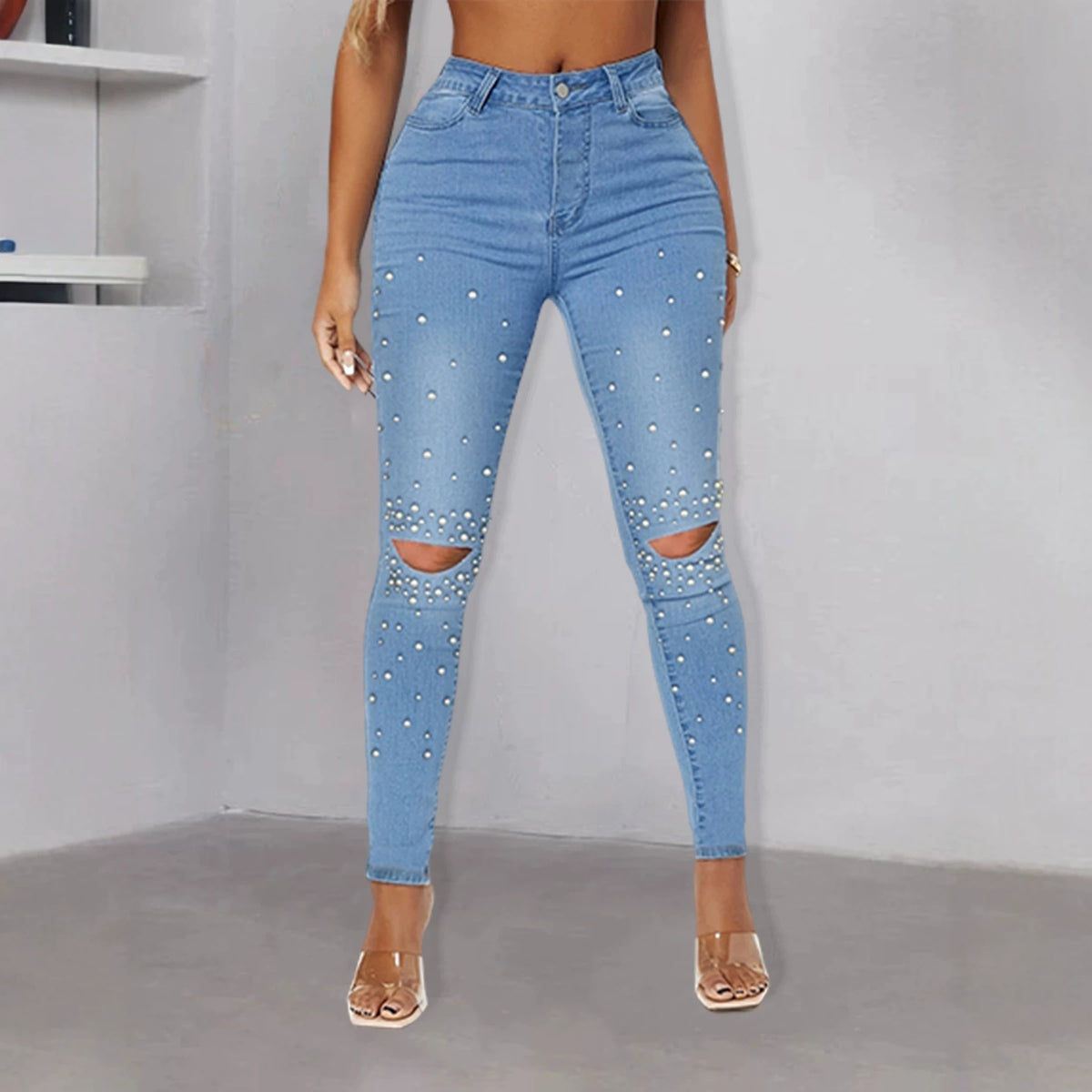 Women Tight High-Waist Skinny Jeans with Pearl Trim and Knee Cutouts Fashion Glam