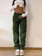 Women's cargo jeans with high waist, straight leg, knee rips, and patch cargo pockets Fashion Glam