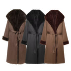 Women longer coat with faux fur trim and tie belt Fashion Glam