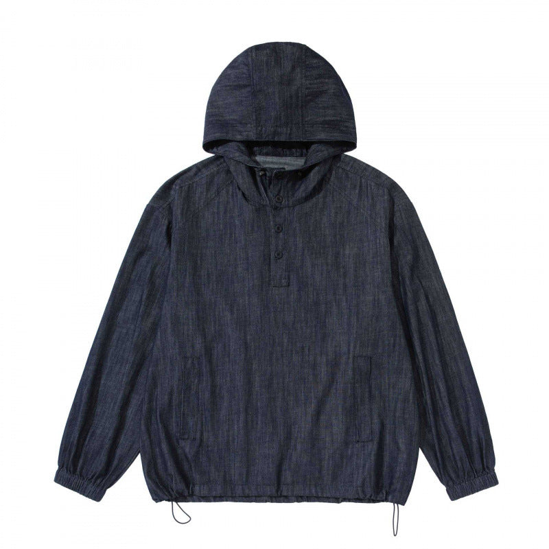 Unisex Denim-Blend Hooded Pullover in Overshirt Style with Henley Button Placket Fashion Glam