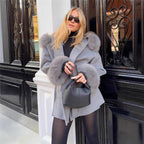 Women's Hooded Wool Blend Coat with Tie Belt and Faux Fur Trim Fashion Glam