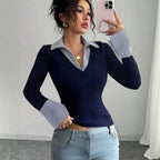 Ladies fine knit sweater with integrated shirt collar and striped cuffs Fashion Glam