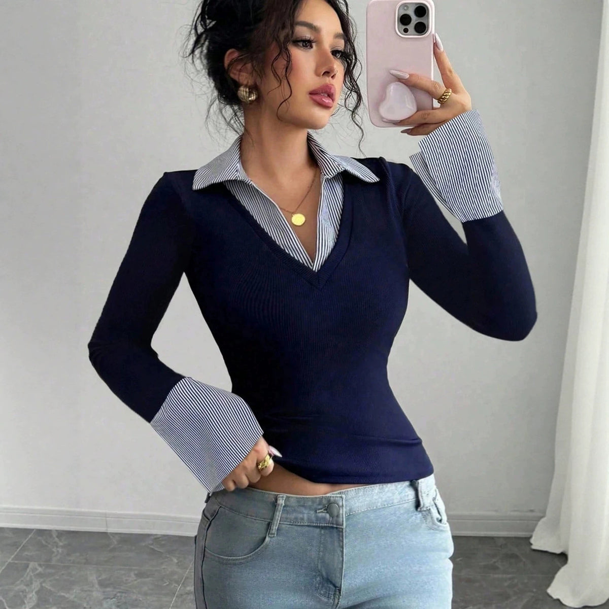 Ladies fine knit sweater with integrated shirt collar and striped cuffs Fashion Glam