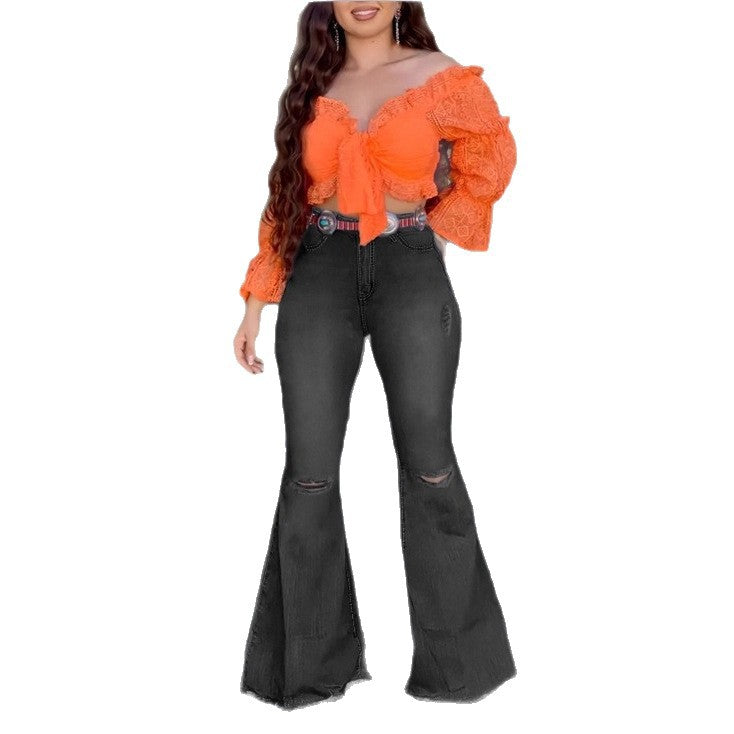 Women's High-Waisted Flared Jeans with Flared Leg, Knee Rips, and Figure-Enhancing Stretch Waistband Fashion Glam