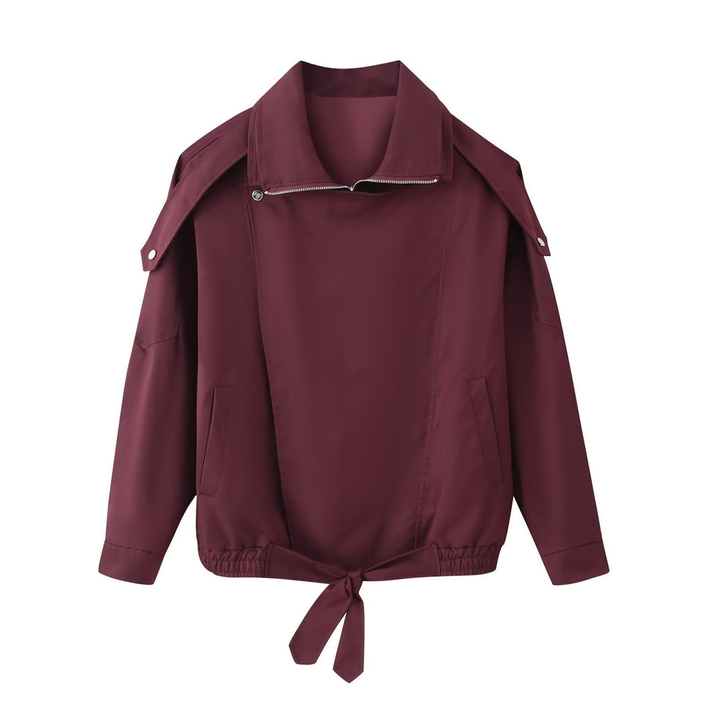 Women's oversized bomber jacket with asymmetric placket front, standing collar, and drawstring hem Fashion Glam