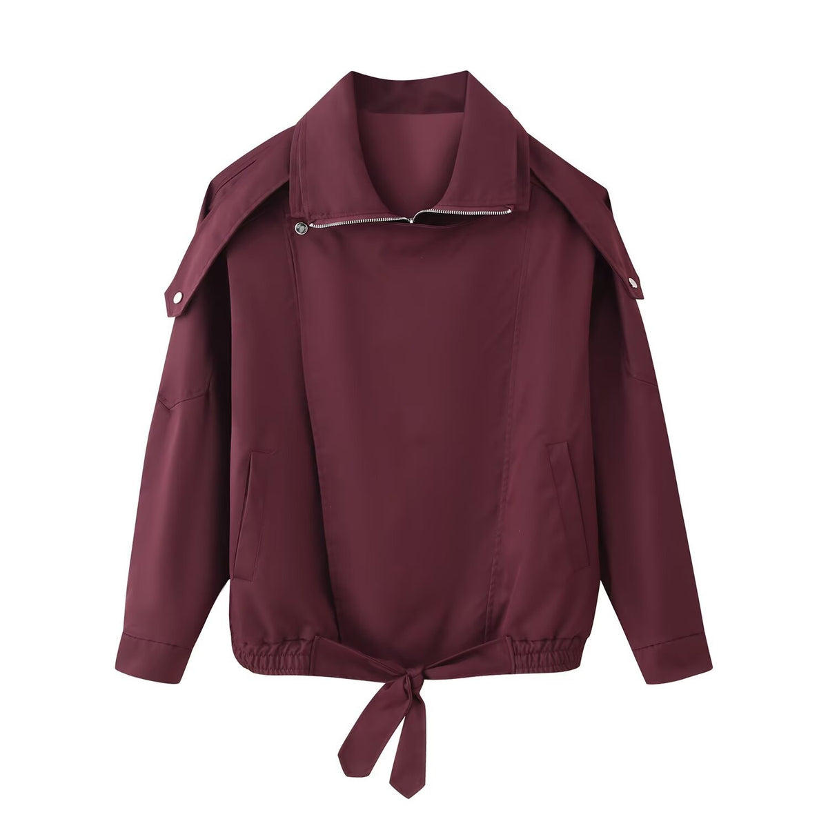 Women's oversized bomber jacket with asymmetric placket front, standing collar, and drawstring hem Fashion Glam
