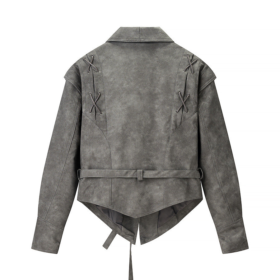 Women's Tailored Suede Blazer with Tie Belt and Lacing Detail Fashion Glam