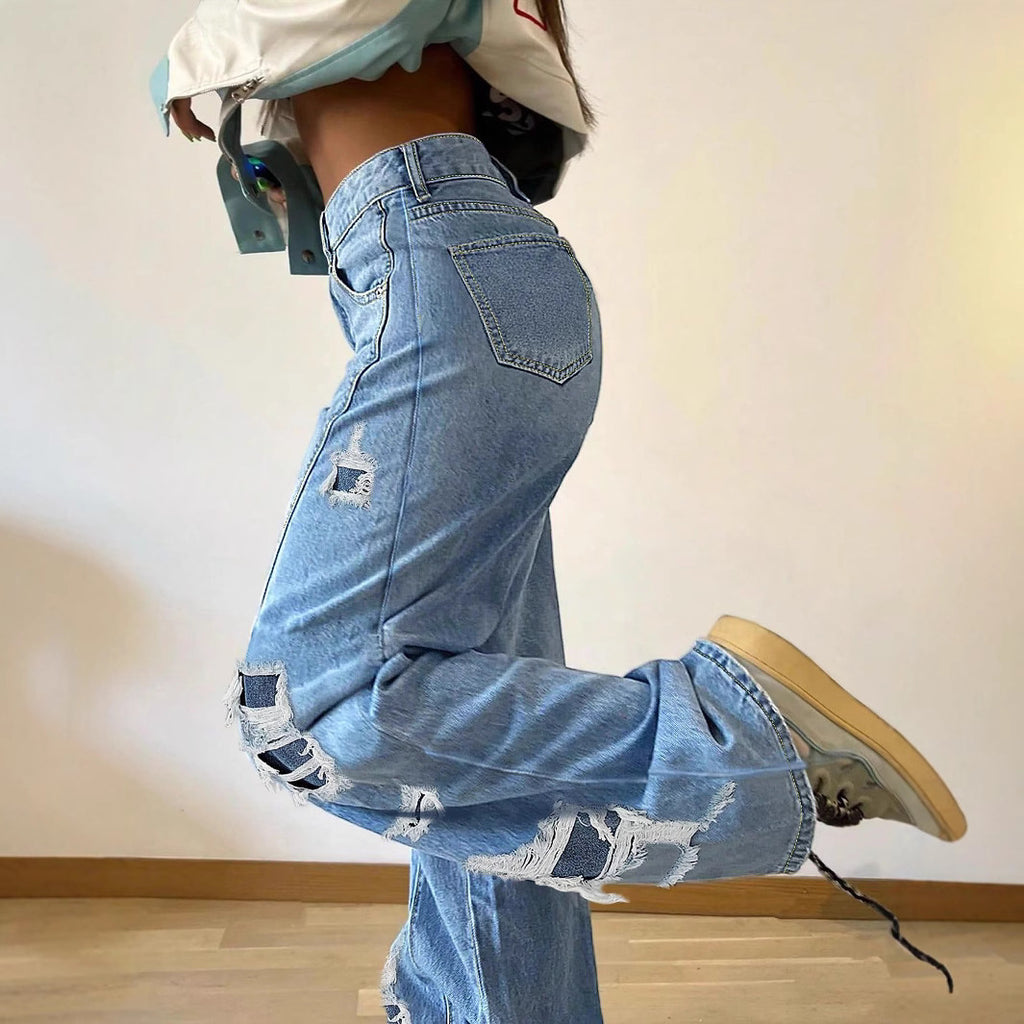Ladies wide Destroyed jeans with side cutouts and contrasting underlays Fashion Glam