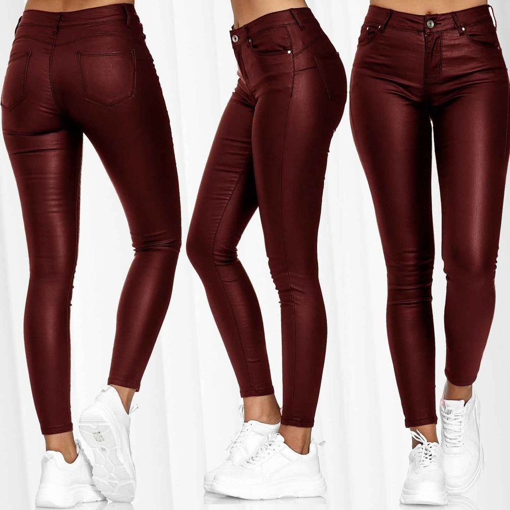 Women's Coated High-Waist Skinny Jeans Look Pants Fashion Glam
