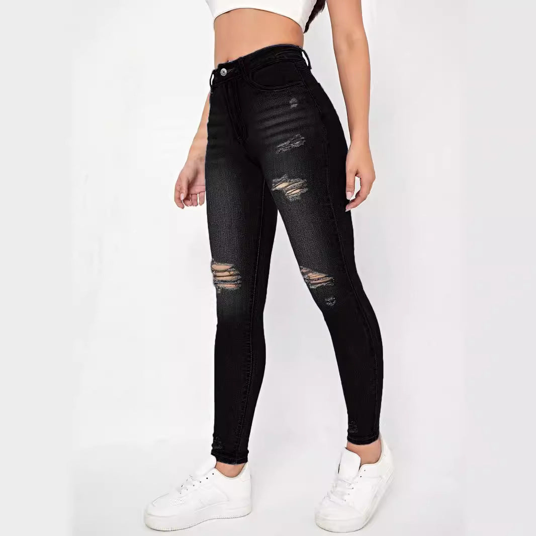 Women high-waisted Sculpting Skinny Jeans with targeted rips and shaping comfort waistband Fashion Glam