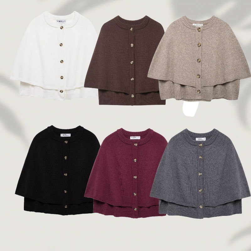 Women's Button-Front Knit Cape with Double Layer and Round Neckline Fashion Glam