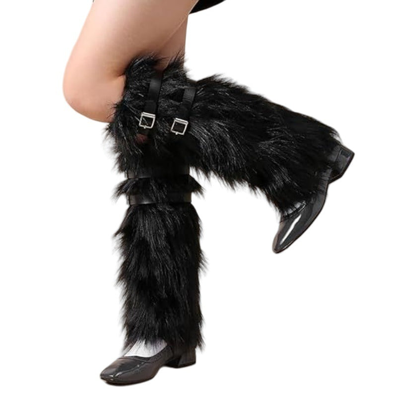 Women's Long Faux Fur Leg Warmers with Adjustable Buckles and Platform Cuffs Fashion Glam