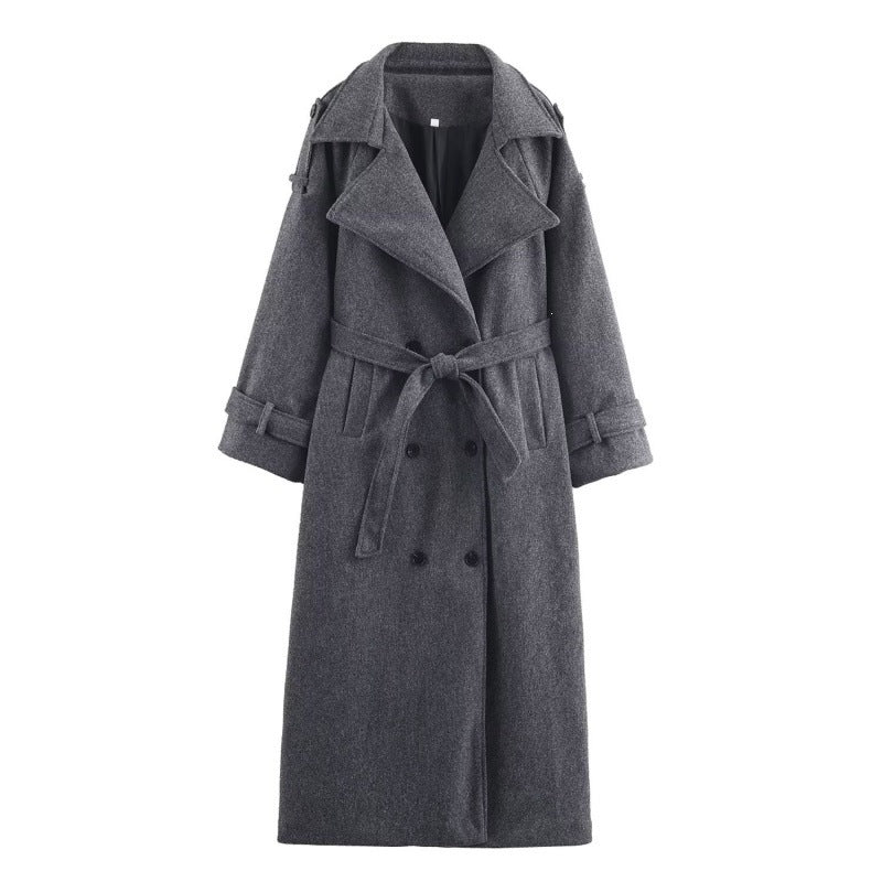 Women’s long double-breasted wool blend trench coat with belt and wide lapels Fashion Glam
