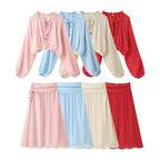Women's Two-Piece Boho Set with Cropped Ruffle Blouse, Balloon Sleeves and High-Waisted Maxi Skirt Fashion Glam