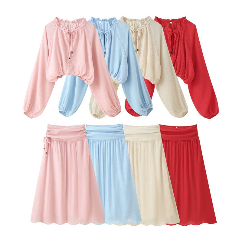Women's Two-Piece Boho Set with Cropped Ruffle Blouse, Balloon Sleeves and High-Waisted Maxi Skirt Fashion Glam