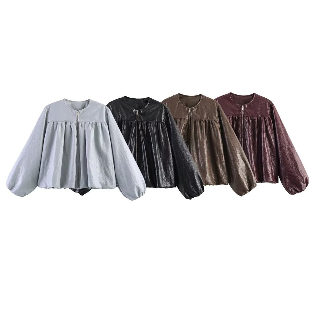 Women's short jacket with ruched yoke, round neck and balloon sleeves Fashion Glam