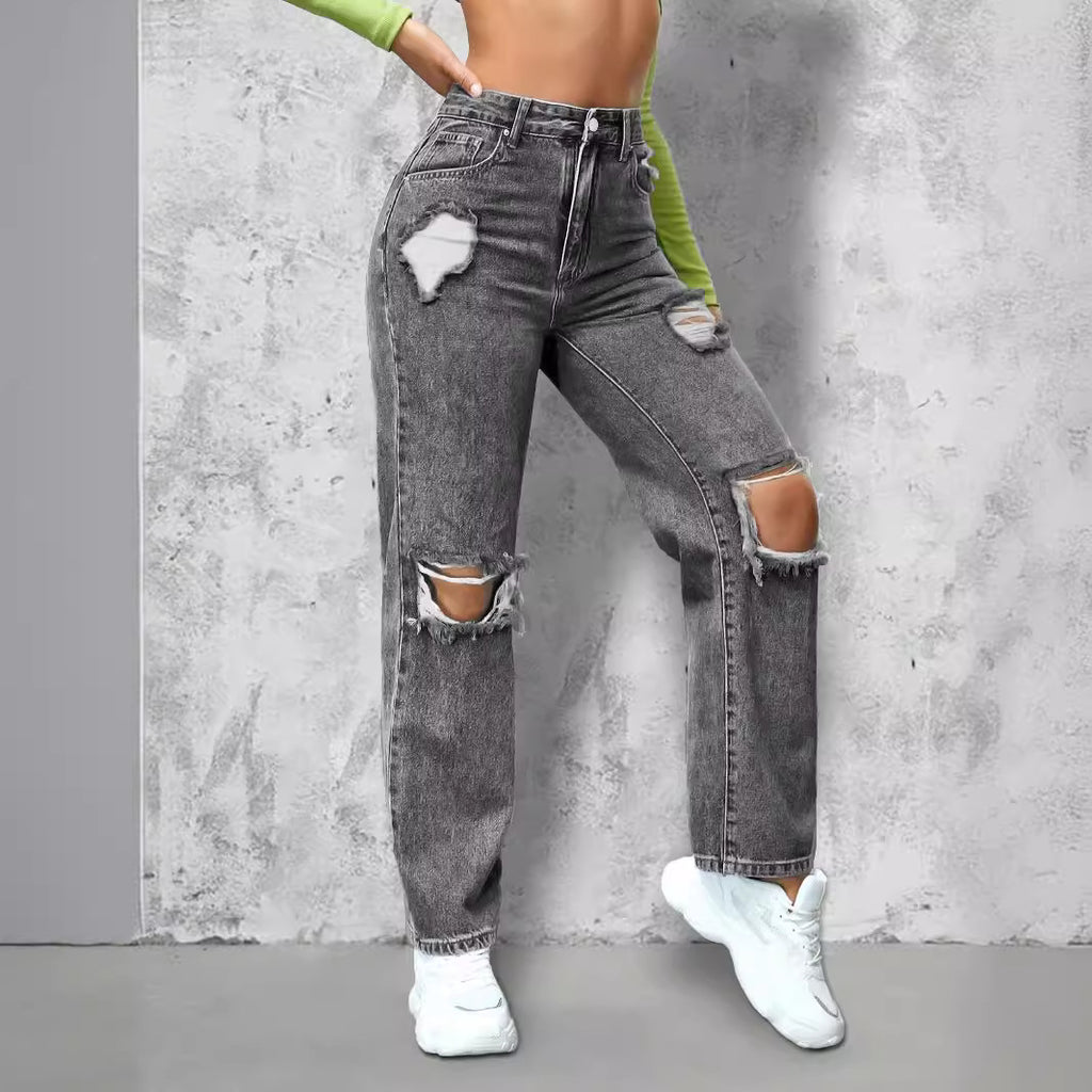 Ladies High-Waist Ripped Straight-Leg Jeans with Knee Cutouts and Used Wash Fashion Glam