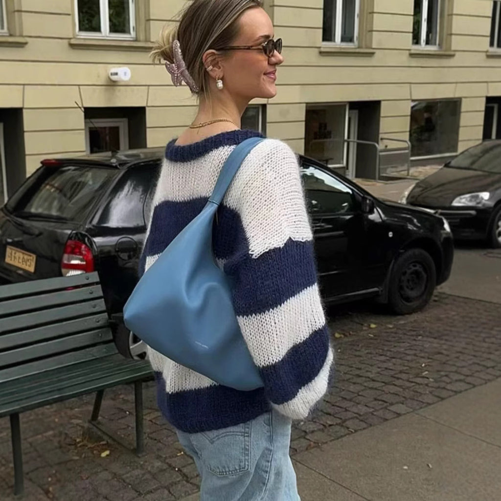 Women Striped Oversize Knit Sweater with Round Neck Fashion Glam