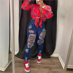 Women High-Waisted Super Stretch Skinny Jeans with Extreme Destroy Detail Fashion Glam