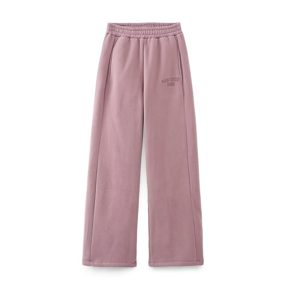 Women's Wide Fleece Jogging Pants with High Elastic Waistband, Side Pockets and Subtle Logo Embroidery Fashion Glam