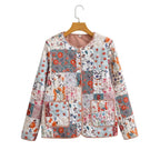 Women's quilted patchwork set consisting of jacket, vest, and mini skirt with floral print Fashion Glam