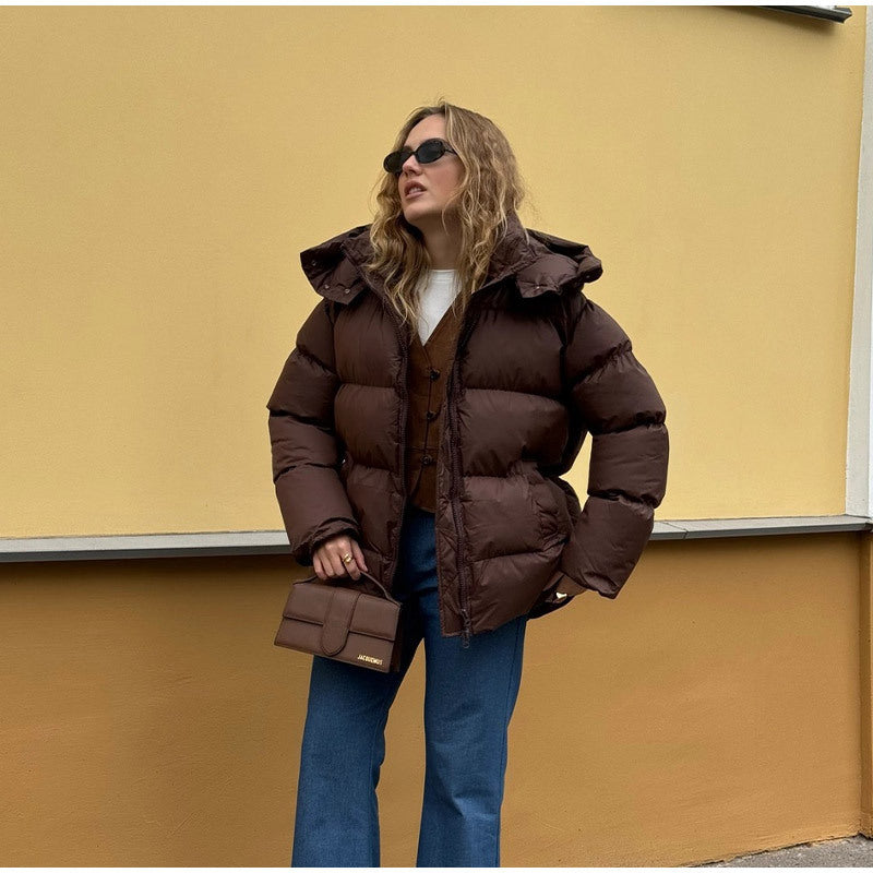 Women oversized high puffy quilted jacket with detachable zipper and kangaroo pockets Fashion Glam