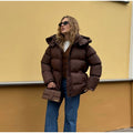 Women oversized high puffy quilted jacket with detachable zipper and kangaroo pockets Fashion Glam