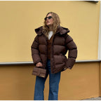Women oversized high puffy quilted jacket with detachable zipper and kangaroo pockets Fashion Glam