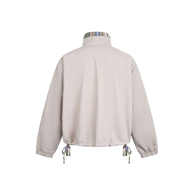 Women Short Tail Bomber Jacket with Stand-Up Collar and Patterned Lining Fashion Glam