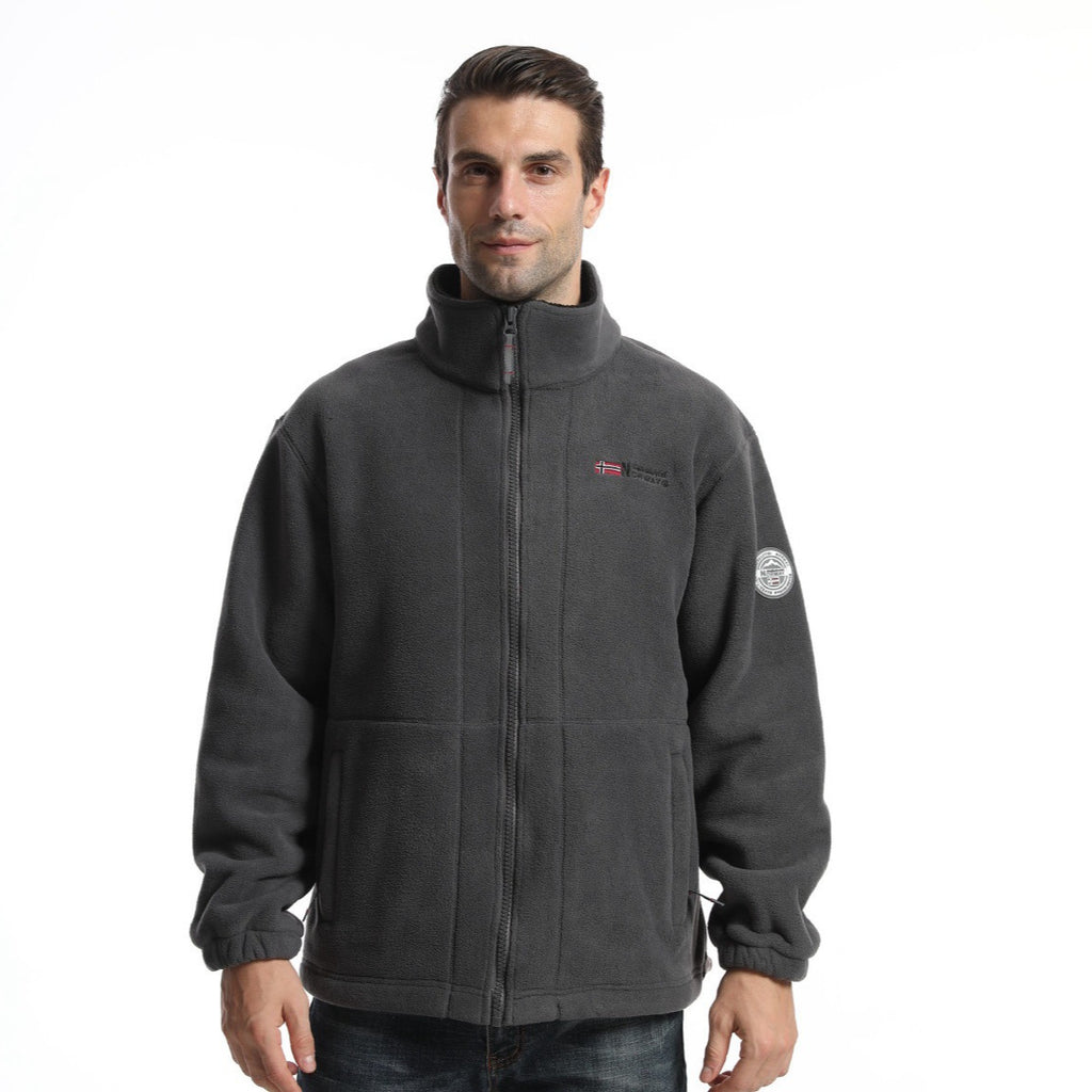 Men's fleece outdoor jacket with stand-up collar, full-length zipper, and elastic cuffs Fashion Glam