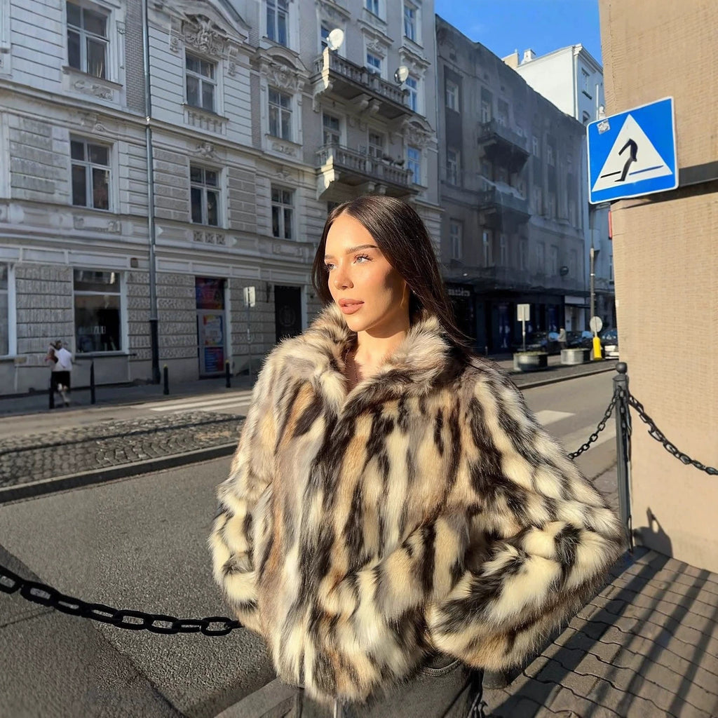 Ladies short cut boxy faux fur jacket with contrasting spot pattern and stand collar Fashion Glam