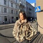 Ladies short cut boxy faux fur jacket with contrasting spot pattern and stand collar Fashion Glam
