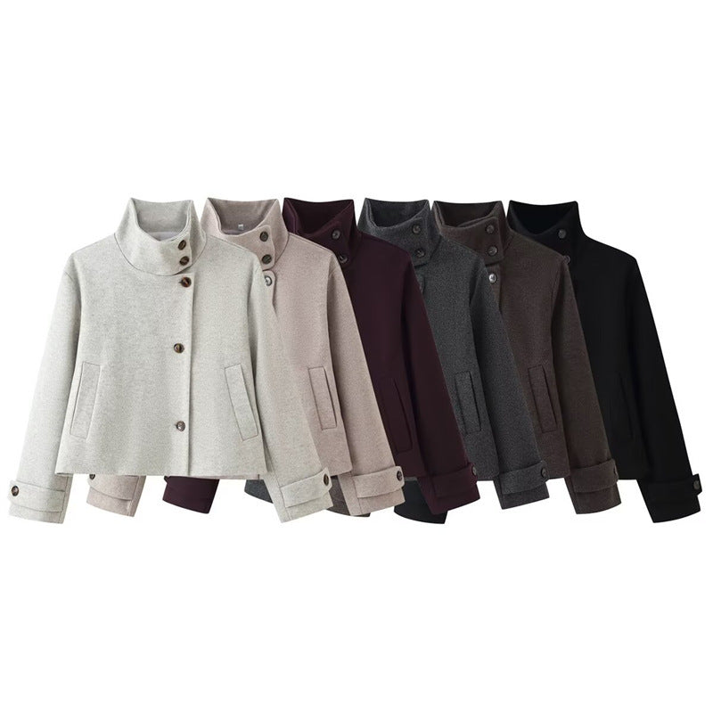 Women short boxy wool jacket with stand-up collar and cuffs Fashion Glam