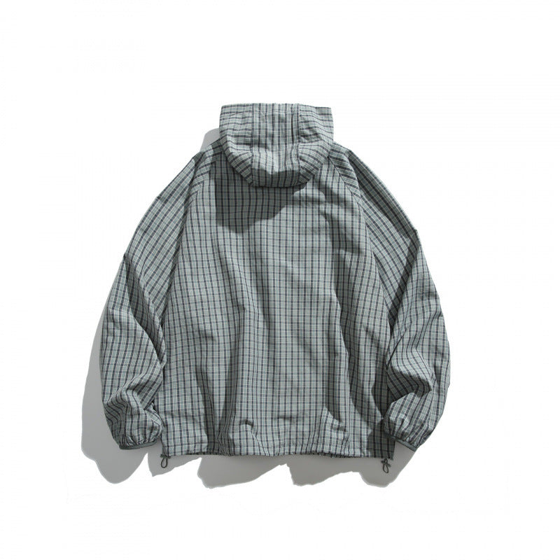 Unisex Lightweight Checked Windbreaker Jacket with Hood, Raglan Sleeves, and Drawstring Fashion Glam