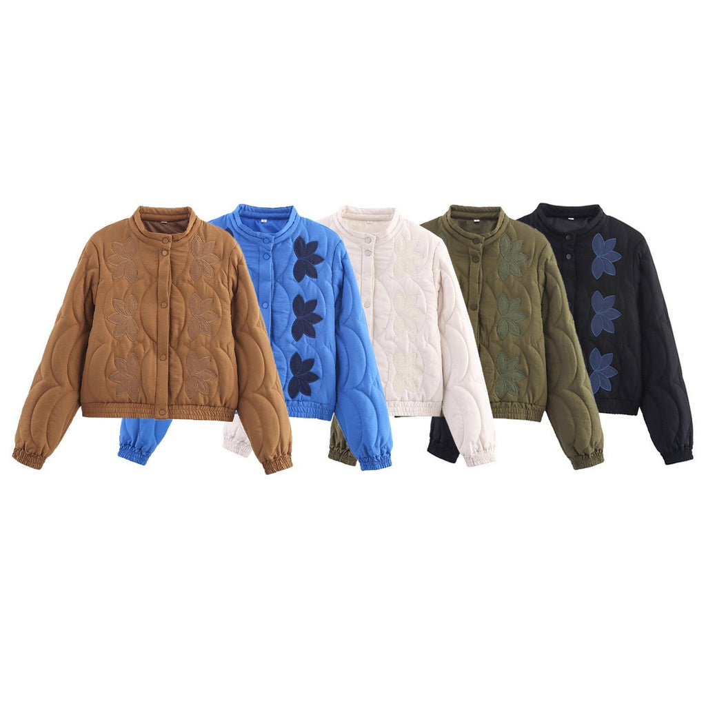 Women's Short Cut Quilted Jacket with Flower Applique and Stand-Up Collar Fashion Glam