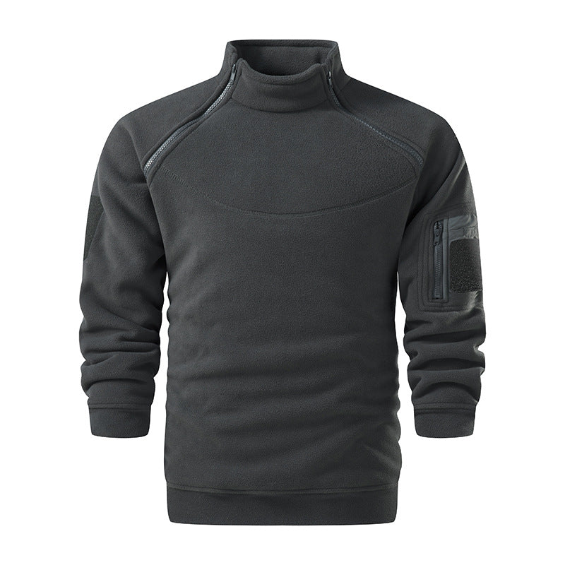 Men's Tactical Microfleece Sweater with High Stand-Up Collar, Sleeve Zip Pocket and Raglan Sleeves Fashion Glam