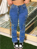 Women’s cargo denim pants with multiple flap pockets, knee panels, and high-waisted fit Fashion Glam