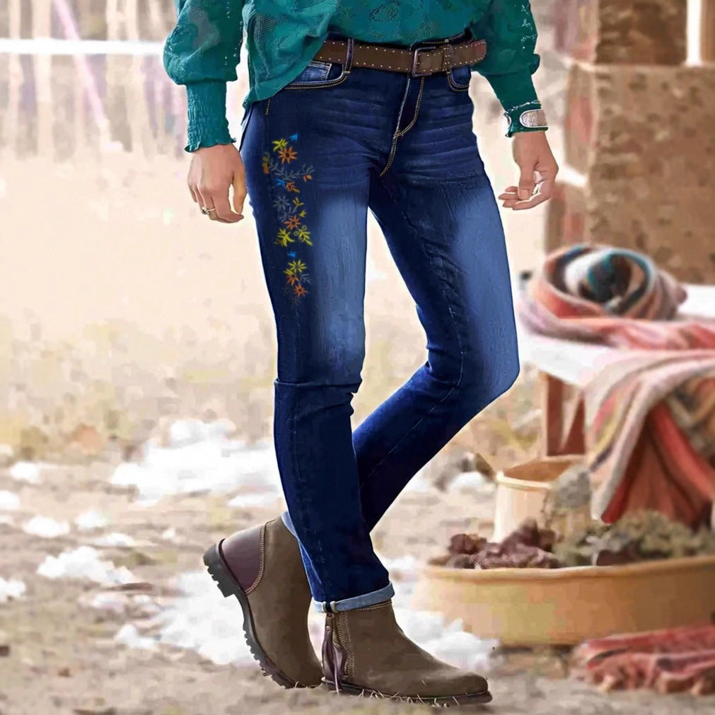 Women High-Waisted Skinny Jeans with Side Flower Embroidery Fashion Glam