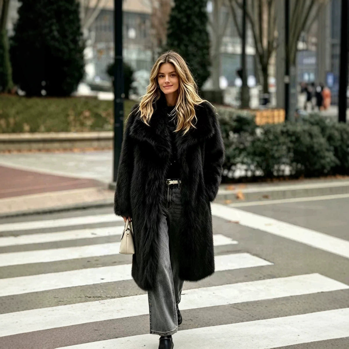 Women's Long High-Pile Faux Fur Coat with Oversized Lapel Collar and Straight Silhouette Fashion Glam