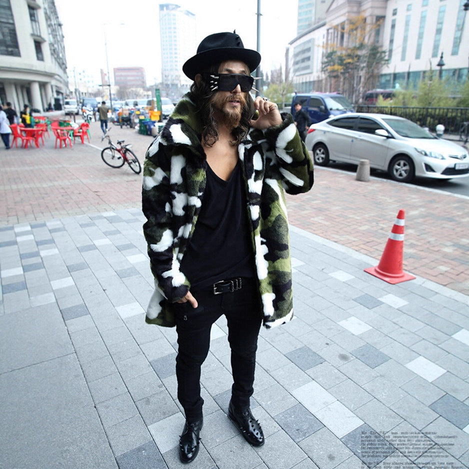 Men's camouflage faux fur coat with long cut and oversized silhouette Fashion Glam