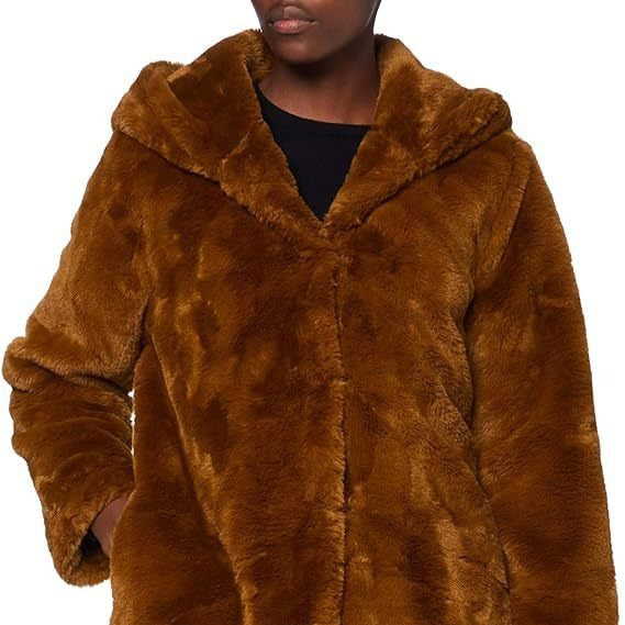 Women's Midi Length Faux Fur Coat with Hood, Teddy Finish and Concealed Button Placket Fashion Glam