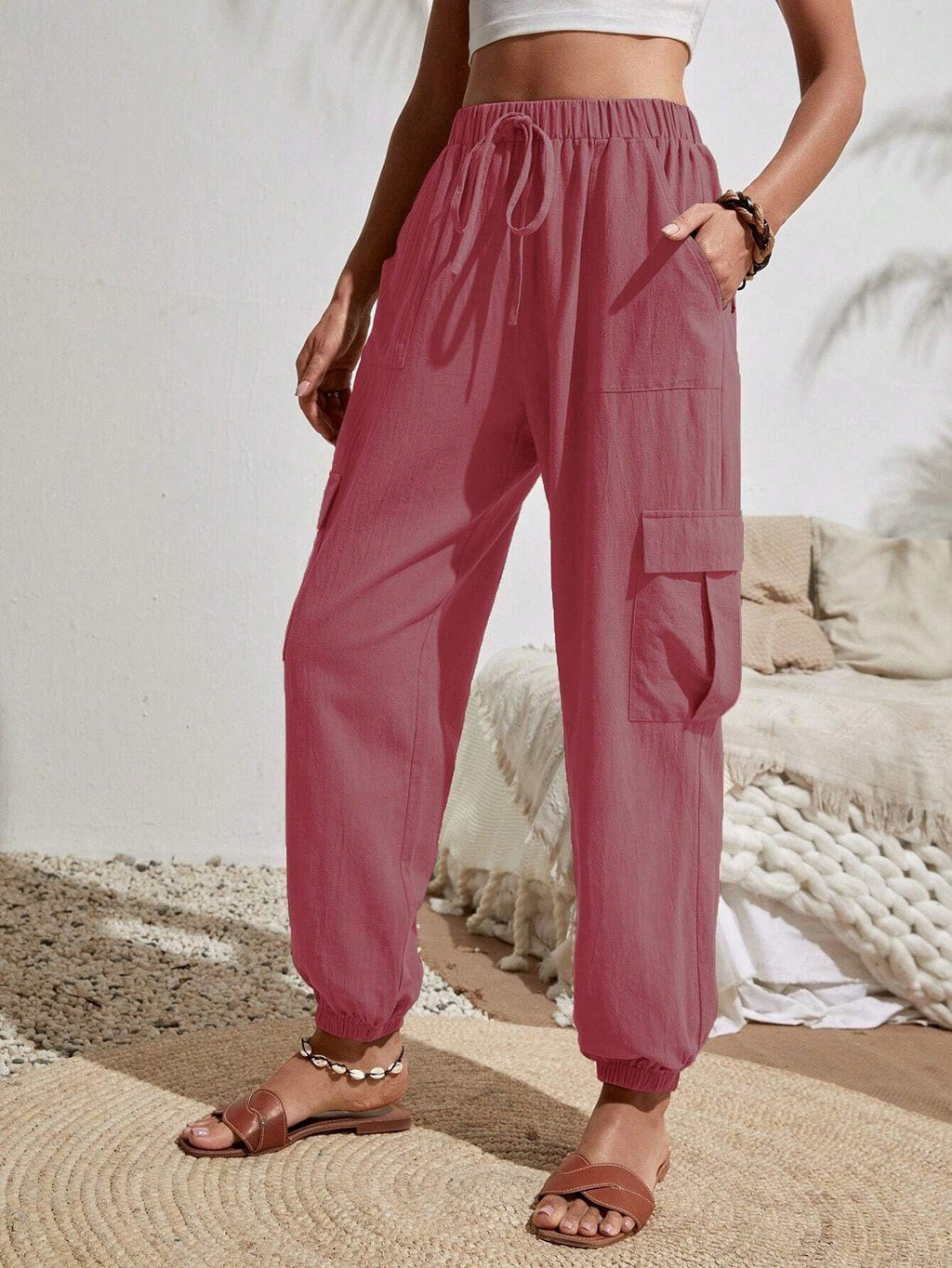 Women's Lightweight Cargo Jogging Pants with Drawstring, Elastic Waistband and Elastic Cuffs Fashion Glam