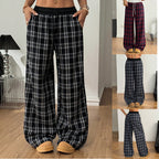 Women Checked Relaxed Pants with Wide Leg, Ribbed Waistband and Pockets Fashion Glam