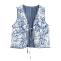 Women Quilted Vest with Romantic Toile Print, Striped Interior and Tie Ribbon Fashion Glam