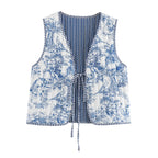 Women Quilted Vest with Romantic Toile Print, Striped Interior and Tie Ribbon Fashion Glam