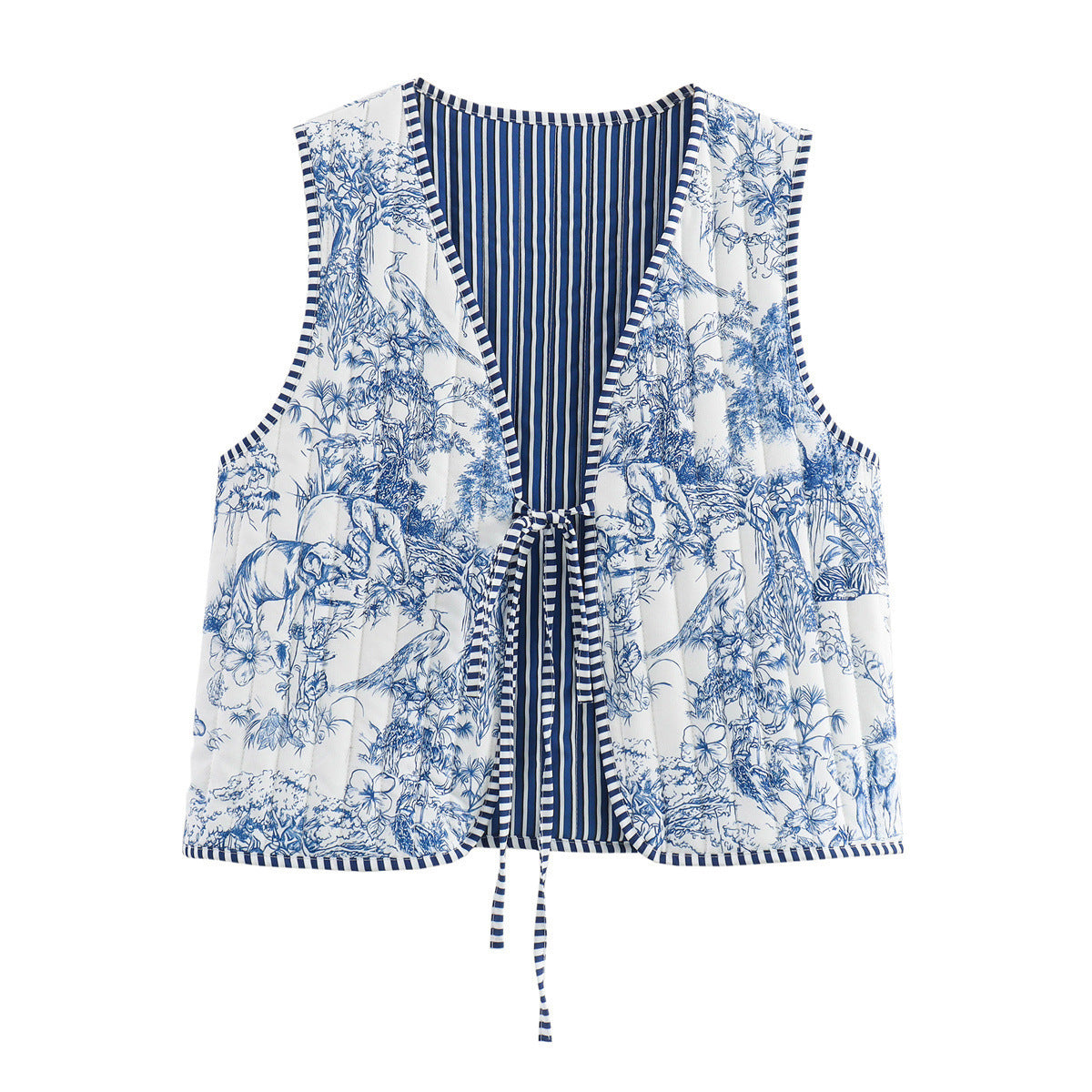 Women Quilted Vest with Romantic Toile Print, Striped Interior and Tie Ribbon Fashion Glam