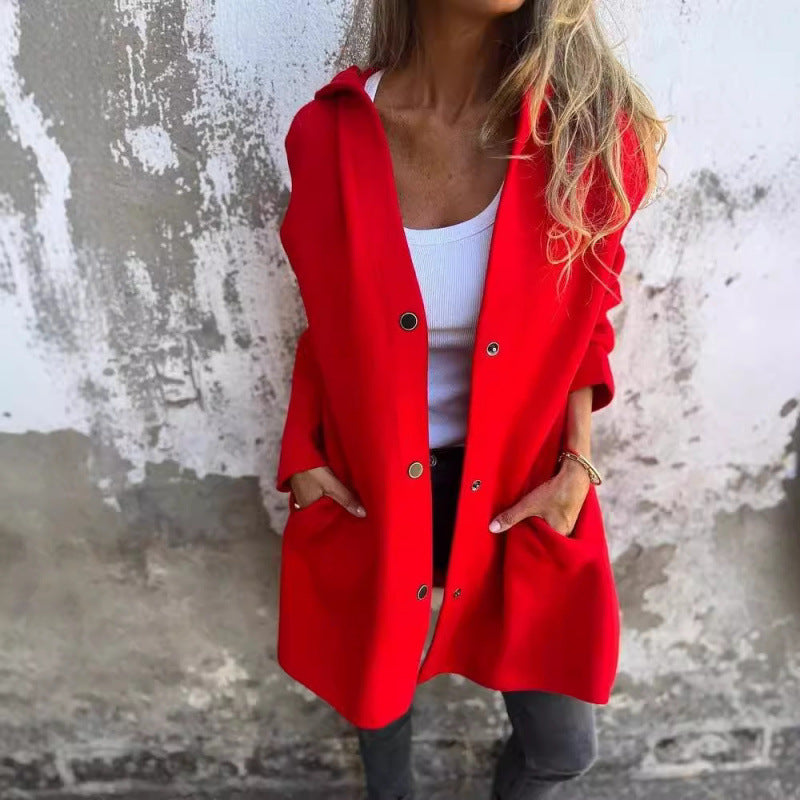 Women's Midi Length Oversized Coat made of Wool Blend with Clear Button Placket and Minimalist Lapels Fashion Glam