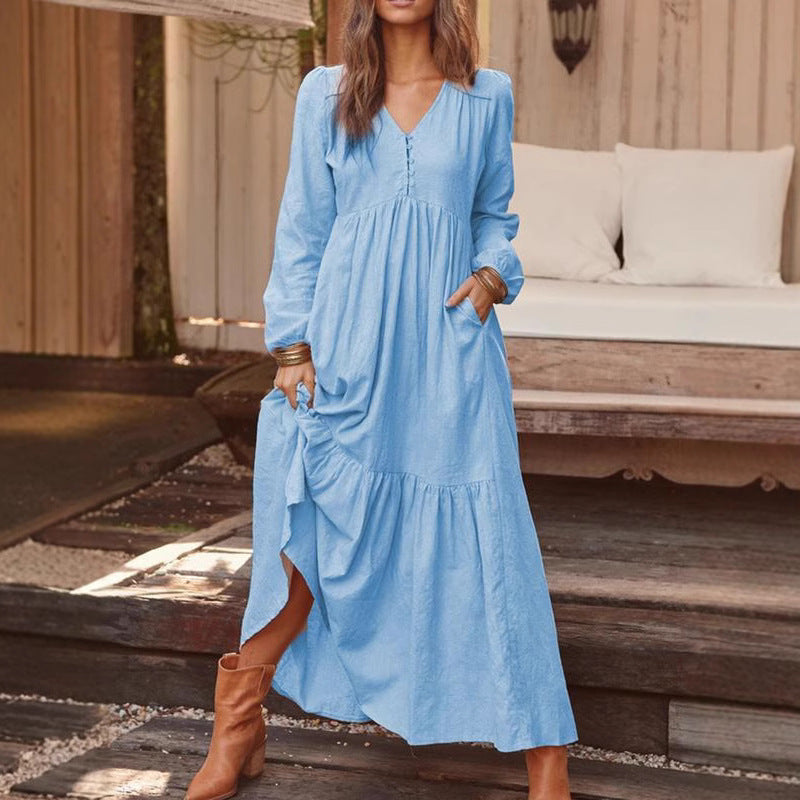 Ladies Long Tiered Dress made of Linen Blend with V-Neck and Side Pockets Fashion Glam