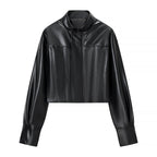 Women's Cropped Boxy Faux Leather Jacket with Stand Collar and Constructive Dart Seams Fashion Glam